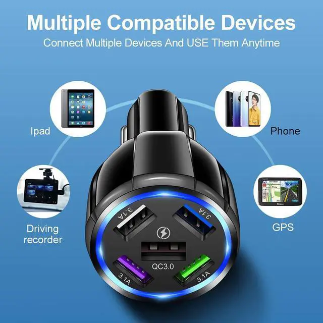 Alt view image 6 of 7 - 5-Port USB Car Charger, QC3.0 Fast Charging 5 USB Car Charger Adapter 15A Smart Shunt Car Phone Charger with Light, Suitable for iPhone & Android,Samsung Galaxy S10 S9 Plus