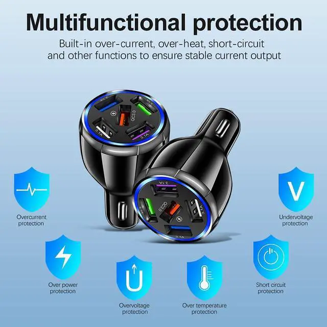 Alt view image 5 of 7 - 5-Port USB Car Charger, QC3.0 Fast Charging 5 USB Car Charger Adapter 15A Smart Shunt Car Phone Charger with Light, Suitable for iPhone & Android,Samsung Galaxy S10 S9 Plus