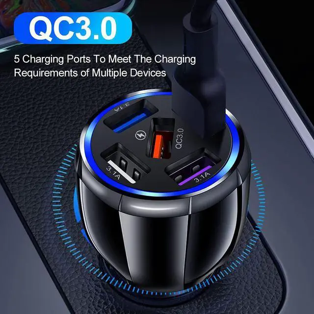 Alt view image 4 of 7 - 5-Port USB Car Charger, QC3.0 Fast Charging 5 USB Car Charger Adapter 15A Smart Shunt Car Phone Charger with Light, Suitable for iPhone & Android,Samsung Galaxy S10 S9 Plus