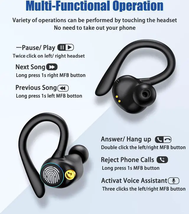Alt view image 6 of 7 - Bluetooth 5.2 Headphones HD Calls 70Hrs Playtime Ture Wireless Earbuds with Charging Case IPX7 Waterproof Ear Buds Touch Control Over-Ear Earphones with Earhooks for Sports/Running/Work/Gaming