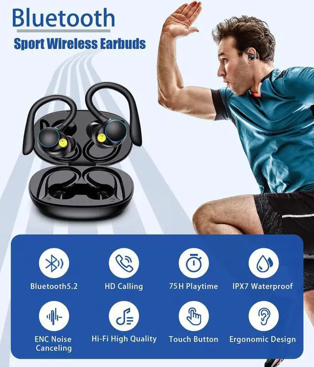 Alt view image 2 of 7 - Bluetooth 5.2 Headphones HD Calls 70Hrs Playtime Ture Wireless Earbuds with Charging Case IPX7 Waterproof Ear Buds Touch Control Over-Ear Earphones with Earhooks for Sports/Running/Work/Gaming