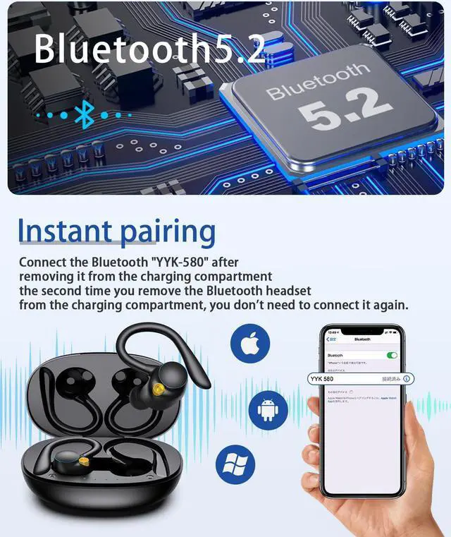 Alt view image 3 of 7 - Bluetooth 5.2 Headphones HD Calls 70Hrs Playtime Ture Wireless Earbuds with Charging Case IPX7 Waterproof Ear Buds Touch Control Over-Ear Earphones with Earhooks for Sports/Running/Work/Gaming