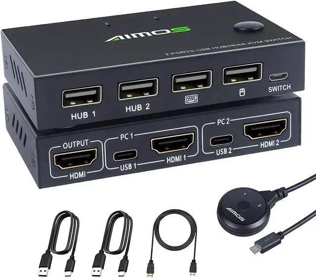 Main image of HDMI KVM Switch For 2 PCs, USB Switch 4K HDMI Switcher Box KVM Switch, 2 In 1 Out For 2 Computers Share Keyboard And Mouse Support 4K@30Hz, With 2 HUB Ports