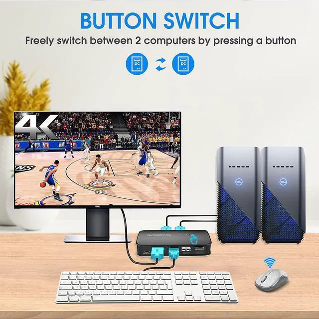 Alt view image 2 of 7 - KVM Switch HDMI 2 Port Box, USB and HDMI Switch for 2 Computers Share Keyboard Mouse Printer and one HD Monitor, 4K @30HZ, with Wired Controller & KVM Cables