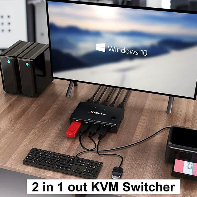 Alt view image 3 of 7 - 2 Ports HDMI KVM Switch, KVM Switch HDMI 2 Port USB 2.0 Switcher Box 2 in 1 Out HDMI Switch for 2 Computers Share Keyboard and Mouse Support 4K @30Hz, with Remote Control and 2 USB 2.0 Cable