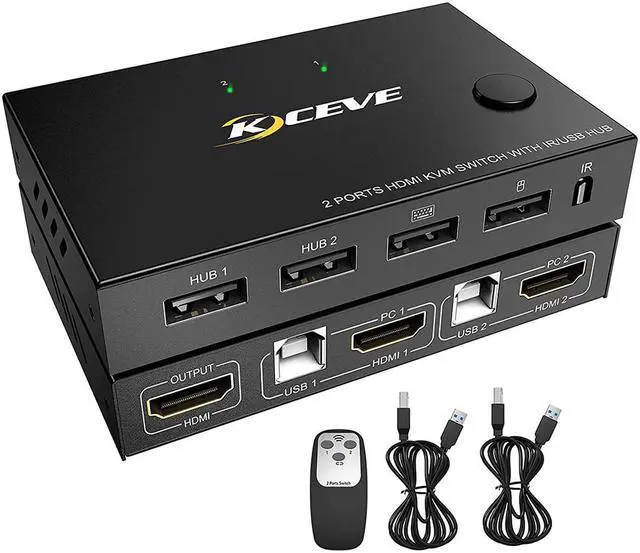 Main image of 2 Ports HDMI KVM Switch, KVM Switch HDMI 2 Port USB 2.0 Switcher Box 2 in 1 Out HDMI Switch for 2 Computers Share Keyboard and Mouse Support 4K @30Hz, with Remote Control and 2 USB 2.0 Cable