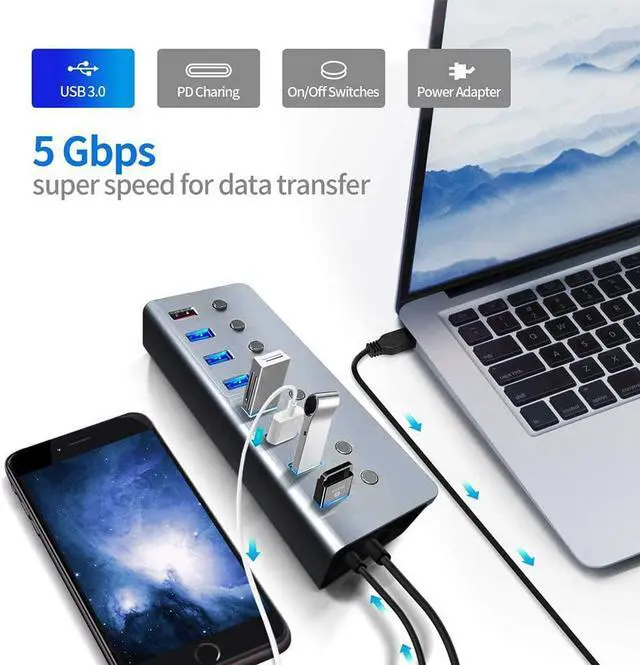 Alt view image 2 of 7 - Powered USB 3.0 Hub 8 Port, External Multiport USB hub 1 Intelligent Charging Port + 7 xUSB 3.0 Data Ports with a Separate On/Off, with 1M Cable 5V/3A Power Supply Adapter, for Laptop Desktop PC etc