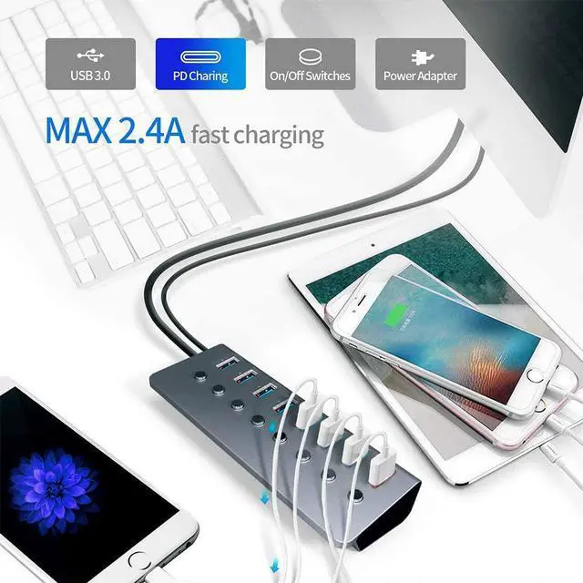 Alt view image 3 of 7 - Powered USB 3.0 Hub 8 Port, External Multiport USB hub 1 Intelligent Charging Port + 7 xUSB 3.0 Data Ports with a Separate On/Off, with 1M Cable 5V/3A Power Supply Adapter, for Laptop Desktop PC etc
