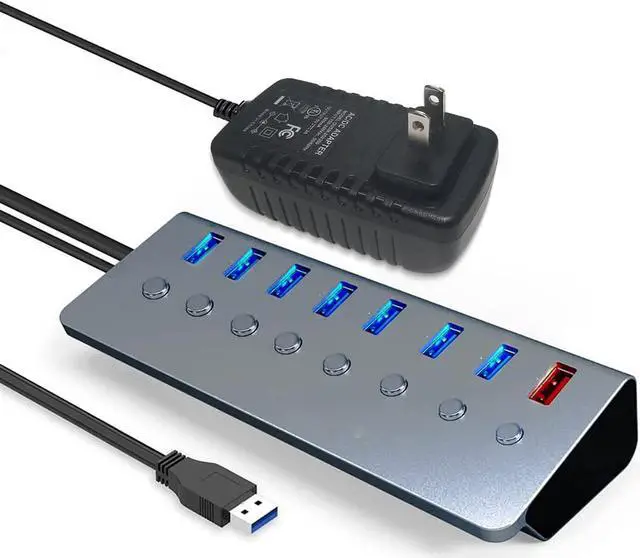 Main image of Powered USB 3.0 Hub 8 Port, External Multiport USB hub 1 Intelligent Charging Port + 7 xUSB 3.0 Data Ports with a Separate On/Off, with 1M Cable 5V/3A Power Supply Adapter, for Laptop Desktop PC etc