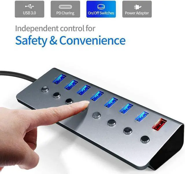 Alt view image 4 of 7 - Powered USB 3.0 Hub 8 Port, External Multiport USB hub 1 Intelligent Charging Port + 7 xUSB 3.0 Data Ports with a Separate On/Off, with 1M Cable 5V/3A Power Supply Adapter, for Laptop Desktop PC etc
