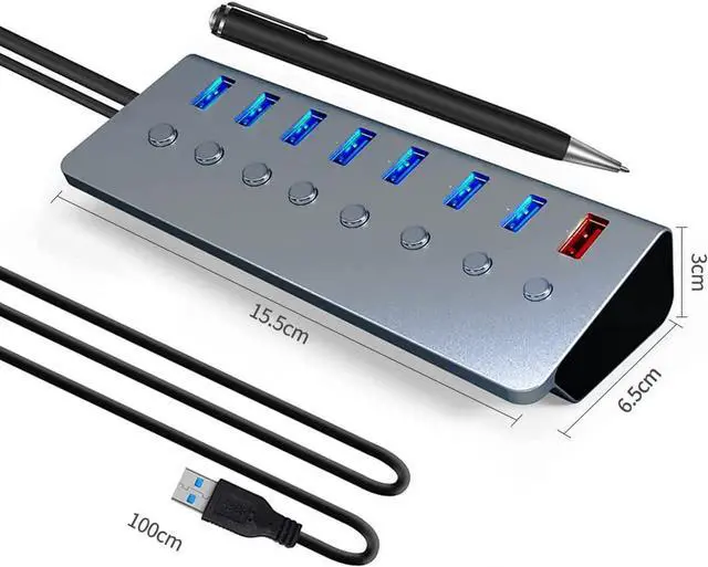 Alt view image 6 of 7 - Powered USB 3.0 Hub 8 Port, External Multiport USB hub 1 Intelligent Charging Port + 7 xUSB 3.0 Data Ports with a Separate On/Off, with 1M Cable 5V/3A Power Supply Adapter, for Laptop Desktop PC etc