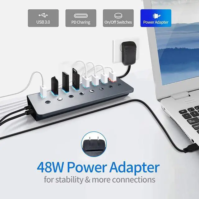 Alt view image 5 of 7 - Powered USB 3.0 Hub 8 Port, External Multiport USB hub 1 Intelligent Charging Port + 7 xUSB 3.0 Data Ports with a Separate On/Off, with 1M Cable 5V/3A Power Supply Adapter, for Laptop Desktop PC etc