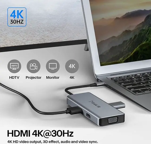 Alt view image 3 of 7 - USB C Hub, 9 in 1 Triple Display USB C Adapter Hub with 2x HDMI, USB-C, USB3.0/2.0, SD Card Reader, Micro SD Card Reader, VGA, 3.5mm Audio Jack Port, for Mac-Book Pro/Air, USB-C Laptop, and More