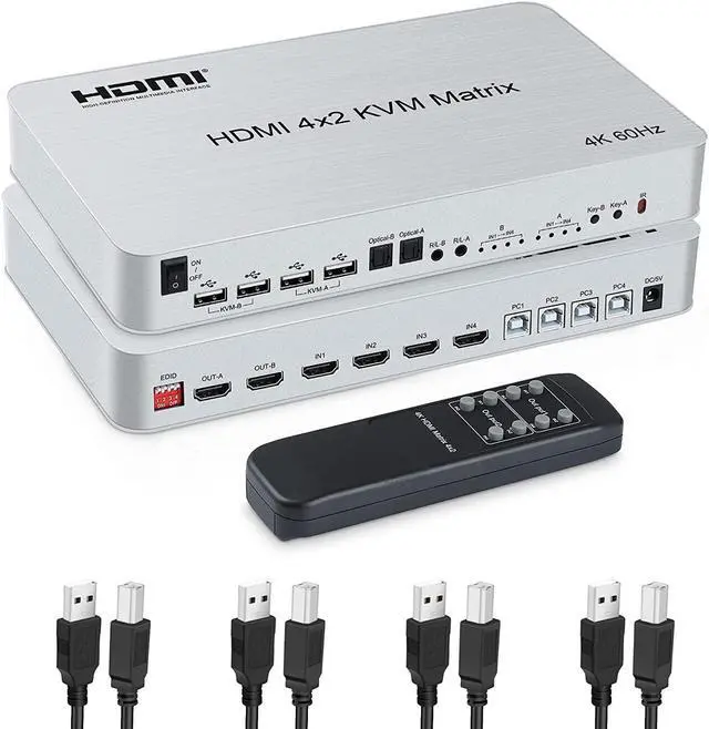 Main image of 4x2 HDMI KVM Matrix Switcher, 4K@60Hz KVM Switch + Optical & L/R Audio Output, 4 HDMI2.0 Port + 4 USB2.0 Port, Share 4 Computer to Dual Monitor, Support Auto Scale, Audio Extractor with Remote Control