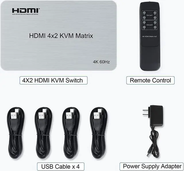 Alt view image 7 of 7 - 4x2 HDMI KVM Matrix Switcher, 4K@60Hz KVM Switch + Optical & L/R Audio Output, 4 HDMI2.0 Port + 4 USB2.0 Port, Share 4 Computer to Dual Monitor, Support Auto Scale, Audio Extractor with Remote Control