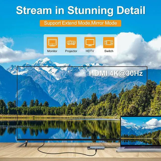 Alt view image 3 of 7 - 8 in 1 USB C Hub, Multiport USB Type C Adapter 8 Ports, Type-C Dongle USB-C to 4K HDMI, RJ45 Ethernet, PD Charger, USB 3.0 USB 2.0, SD/TF Card Reader, Type-C Data Port for USB C Laptops