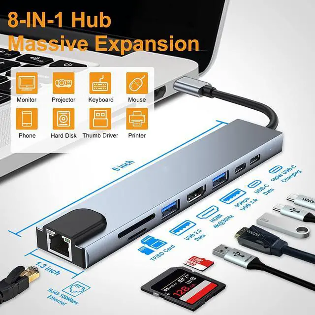 Alt view image 2 of 7 - 8 in 1 USB C Hub, Multiport USB Type C Adapter 8 Ports, Type-C Dongle USB-C to 4K HDMI, RJ45 Ethernet, PD Charger, USB 3.0 USB 2.0, SD/TF Card Reader, Type-C Data Port for USB C Laptops