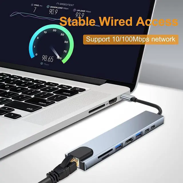 Alt view image 4 of 7 - 8 in 1 USB C Hub, Multiport USB Type C Adapter 8 Ports, Type-C Dongle USB-C to 4K HDMI, RJ45 Ethernet, PD Charger, USB 3.0 USB 2.0, SD/TF Card Reader, Type-C Data Port for USB C Laptops