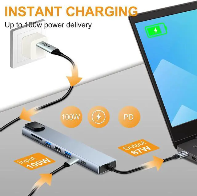 Alt view image 5 of 7 - 8 in 1 USB C Hub, Multiport USB Type C Adapter 8 Ports, Type-C Dongle USB-C to 4K HDMI, RJ45 Ethernet, PD Charger, USB 3.0 USB 2.0, SD/TF Card Reader, Type-C Data Port for USB C Laptops