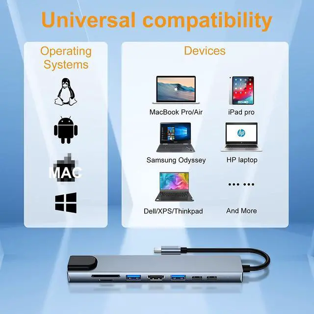 Alt view image 7 of 7 - 8 in 1 USB C Hub, Multiport USB Type C Adapter 8 Ports, Type-C Dongle USB-C to 4K HDMI, RJ45 Ethernet, PD Charger, USB 3.0 USB 2.0, SD/TF Card Reader, Type-C Data Port for USB C Laptops