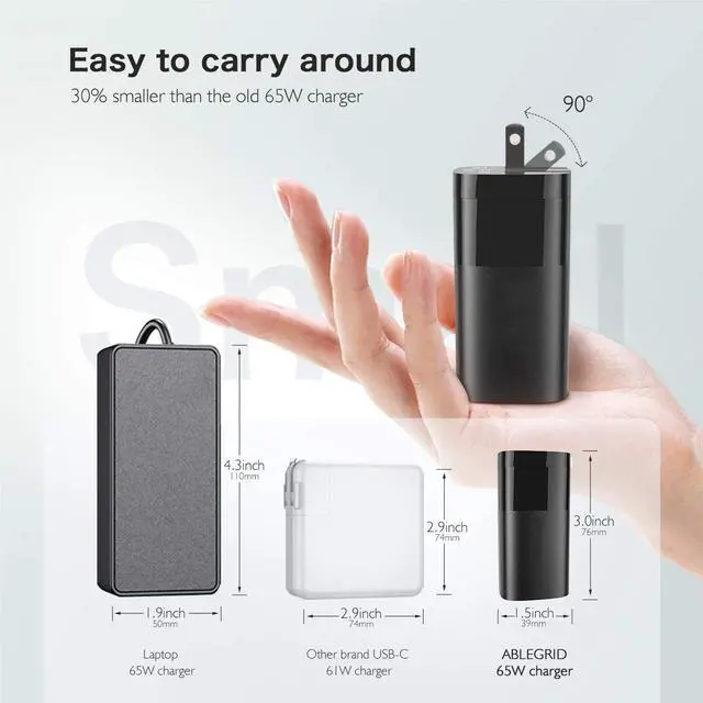 Alt view image 4 of 7 - GaN USB C Charger, 65W PD 3.0 GaN Charger 3-Port Fast Wall Charger Block Type C Foldable Adapter Compatible for iPhone 12 Pro Max/12 Pro/12/12 Mini, Mac-Book Pro, i-Pad, Switch, Galaxy S21/S20