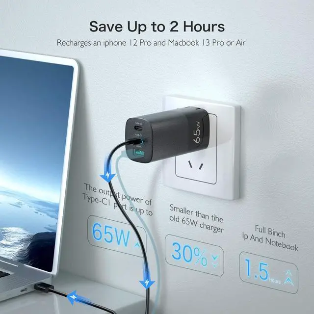 Alt view image 2 of 7 - GaN USB C Charger, 65W PD 3.0 GaN Charger 3-Port Fast Wall Charger Block Type C Foldable Adapter Compatible for iPhone 12 Pro Max/12 Pro/12/12 Mini, Mac-Book Pro, i-Pad, Switch, Galaxy S21/S20