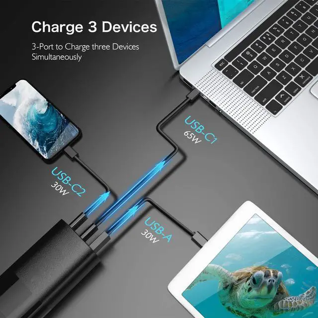 Alt view image 3 of 7 - GaN USB C Charger, 65W PD 3.0 GaN Charger 3-Port Fast Wall Charger Block Type C Foldable Adapter Compatible for iPhone 12 Pro Max/12 Pro/12/12 Mini, Mac-Book Pro, i-Pad, Switch, Galaxy S21/S20
