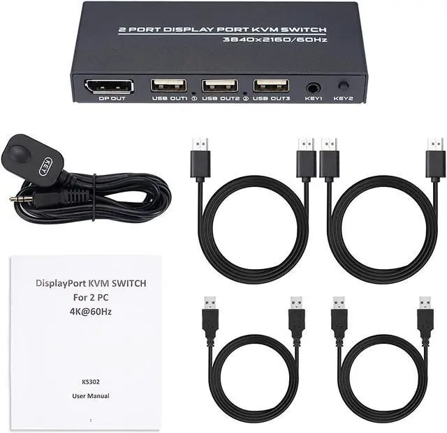 Alt view image 6 of 6 - DisplayPort KVM Switch 2 Ports, USB Switch Share Monitor Keyboard and Mouse for Laptop, DP Display Port KVM Switcher Support 4K @60Hz, with 2 DisplayPort Cables and 2 USB Cables
