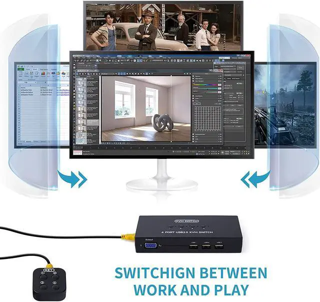 Alt view image 4 of 6 - VGA KVM Switch 4 Port, USB VGA KVM Switcher for 4 Computers Share one Monitor 3 USB Devices Keyboard Mouse Scanner Printer, Including 4 KVM Cables & Desktop Control