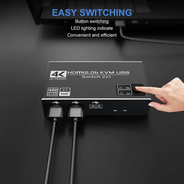 Alt view image 5 of 7 - 2 Port HDMI KVM Switch, USB HDMI Switch 4K, with 3x USB 2.0 Hub, 4K @60Hz 2 in 1 Out HDMI KVM Switch 2 PC 1 Monitor, KVM USB switch, Ultra HD, with 2 USB cables