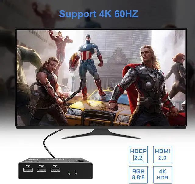 Alt view image 4 of 7 - 2 Port HDMI KVM Switch, USB HDMI Switch 4K, with 3x USB 2.0 Hub, 4K @60Hz 2 in 1 Out HDMI KVM Switch 2 PC 1 Monitor, KVM USB switch, Ultra HD, with 2 USB cables