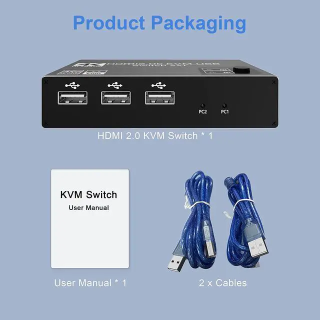 Alt view image 7 of 7 - 2 Port HDMI KVM Switch, USB HDMI Switch 4K, with 3x USB 2.0 Hub, 4K @60Hz 2 in 1 Out HDMI KVM Switch 2 PC 1 Monitor, KVM USB switch, Ultra HD, with 2 USB cables