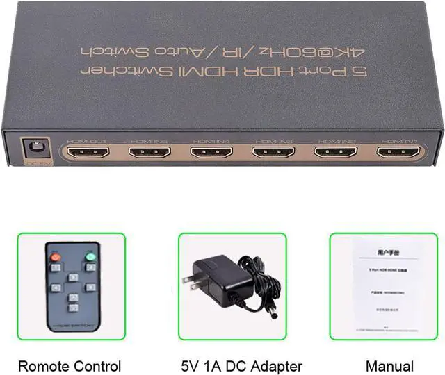 Alt view image 7 of 7 - 4K @60Hz Premium 5 Port HDMI Switch with Remote, 5 in 1 Out 4Kx2K HDMI Auto Switcher, 5x1 HDMI Switch Support UHD, HDR10, Dolby Vision, Atmos, YCbCr 4:4:4, HDCP2.2 and CEC (with US Power Adapter)