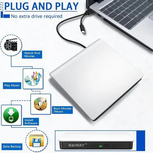 Alt view image 3 of 7 - External CD/DVD Drive, 2-in-1 USB 3.0 Type-C CD DVD Burner Portable CD DVD +/-RW Optical Drive Slim CD DVD ROM Rewriter CD/DVD Player Writer Reader for Laptop Desktop PC Windows Linux Mac OS (White)