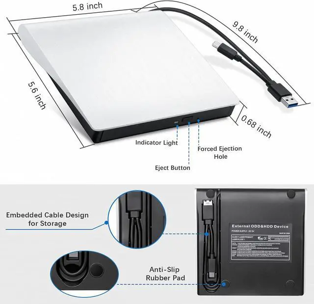 Alt view image 6 of 7 - External CD/DVD Drive, 2-in-1 USB 3.0 Type-C CD DVD Burner Portable CD DVD +/-RW Optical Drive Slim CD DVD ROM Rewriter CD/DVD Player Writer Reader for Laptop Desktop PC Windows Linux Mac OS (White)