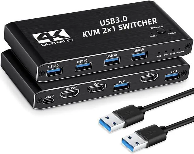 Alt view image 2 of 7 - 2 Port KVM Switch HDMI Box, 2 in 1 Out USB HDMI Switch 4K @60Hz with HDMI 2.0 cables and USB 3.0 cables , Supports two PCs Shared with One set Monitor Keyboard and Mouse