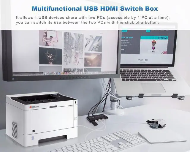 Alt view image 6 of 7 - 2 Port KVM Switch HDMI Box, 2 in 1 Out USB HDMI Switch 4K @60Hz with HDMI 2.0 cables and USB 3.0 cables , Supports two PCs Shared with One set Monitor Keyboard and Mouse