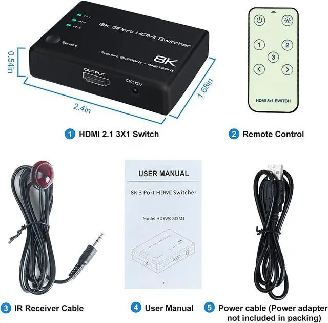 Alt view image 7 of 7 - 3 in 1 Out HDMI 2.1 Switch 8K@60Hz, 4K@120Hz HDMI Switcher 3 Port, 8K HDMI Auto Switch 3x1 Selector with IR Remote for Xbox,PS5,PS4,UHD TV, Support 48Gbps, HDCP 2.3,HDR 10+, 1080P@240Hz