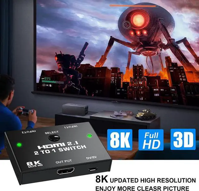 Alt view image 4 of 7 - 8K HDMI Switcher - 2 Ports HDMI 2.1 Switcher 2 in 1 Out HDMI Switcher Support 8K @60Hz 4K @120Hz 3D HDR for PS5 PS4 Pro Xbox One X Blue-Ray HDTV Player