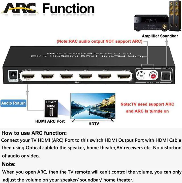 Alt view image 5 of 7 - 8K HDMI 2.1 Ture Matrix Switch 4x2, 4 in 2 Out HDMI2.1 Matrix HDMI Video Switcher Splitter + Optical & RAC Audio Output, Support 8K @60Hz 4K@120Hz HDR10 ARC HDCP2.3 with IR Remote Control