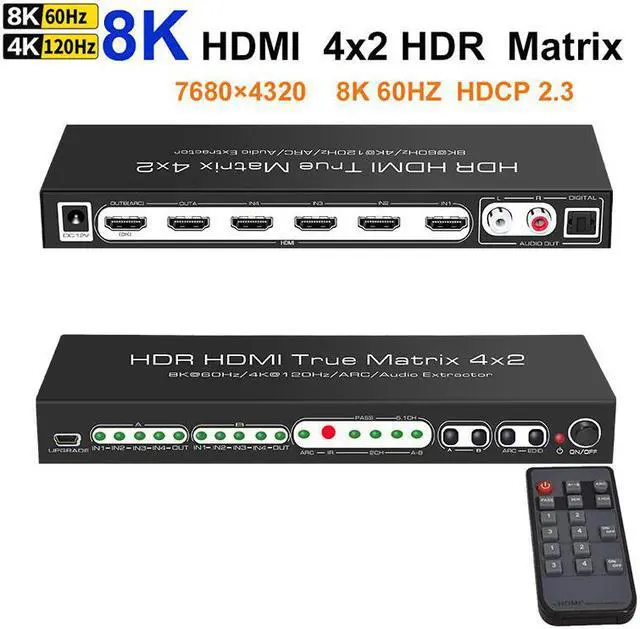 Main image of 8K HDMI 2.1 Ture Matrix Switch 4x2, 4 in 2 Out HDMI2.1 Matrix HDMI Video Switcher Splitter + Optical & RAC Audio Output, Support 8K @60Hz 4K@120Hz HDR10 ARC HDCP2.3 with IR Remote Control