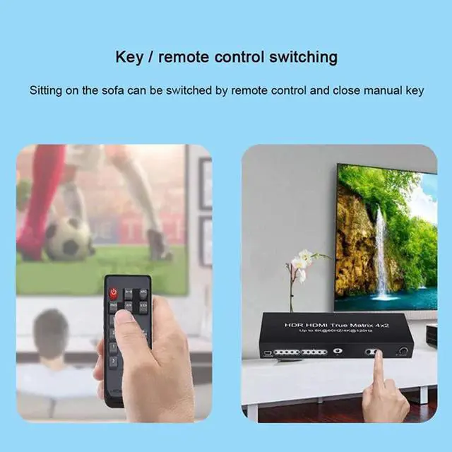 Alt view image 6 of 7 - 8K HDMI 2.1 Ture Matrix Switch 4x2, 4 in 2 Out HDMI2.1 Matrix HDMI Video Switcher Splitter + Optical & RAC Audio Output, Support 8K @60Hz 4K@120Hz HDR10 ARC HDCP2.3 with IR Remote Control