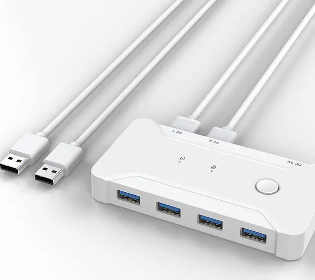 Main image of USB 3.0 KVM Switch Selector 2 in 4 Out, 4 Port 2 Computers Peripheral Switcher Adapter Hub for PC Printer Scanner Mouse Keyboard with One Button Switch Compatible with Windows/Mac/Linux System