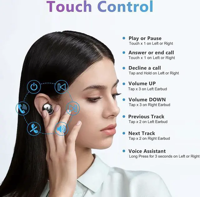 Alt view image 4 of 7 - Bluetooth Headphones, True Wireless Stereo Earbuds Noise Cancelling Deep Bass Sound Headset in-Ear Earphones with Mic, Touch Control TWS Bluetooth 5.1 Wireless Earbuds for IOS Android Smartphones