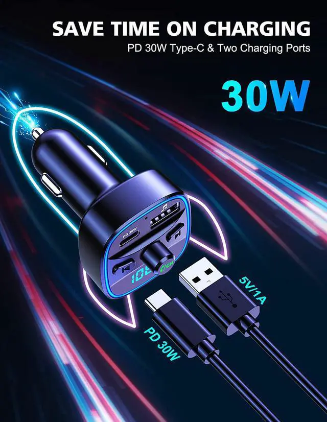 Alt view image 2 of 7 - Bluetooth V5.0 FM Transmitter for Car, Type-C PD 20W Quick Charging Bluetooth Car Adapter with Hands-Free Calling, Wireless FM Radio Receiver Music Player/Car Kit Support SD Card & USB Disk