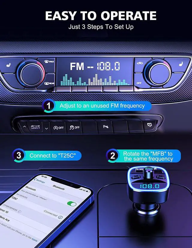 Alt view image 5 of 7 - Bluetooth V5.0 FM Transmitter for Car, Type-C PD 20W Quick Charging Bluetooth Car Adapter with Hands-Free Calling, Wireless FM Radio Receiver Music Player/Car Kit Support SD Card & USB Disk