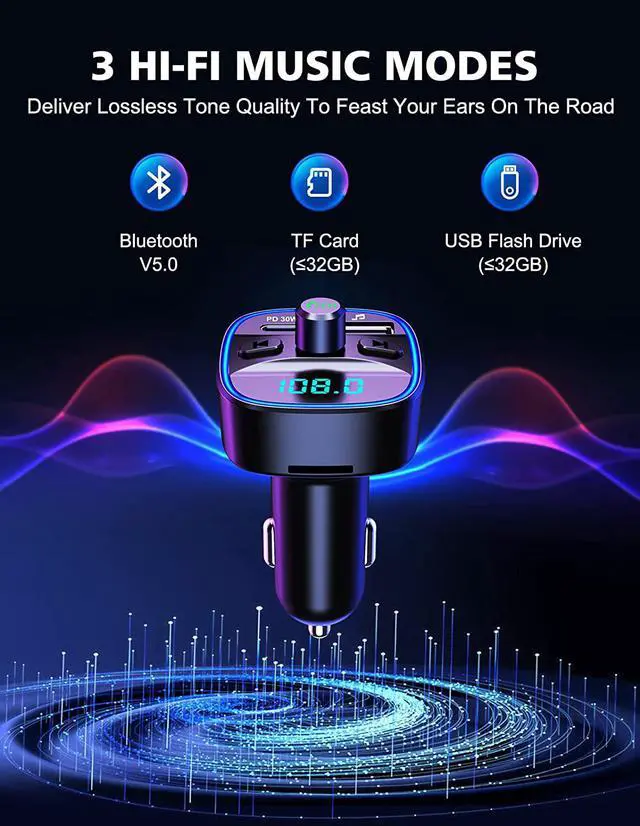 Alt view image 6 of 7 - Bluetooth V5.0 FM Transmitter for Car, Type-C PD 20W Quick Charging Bluetooth Car Adapter with Hands-Free Calling, Wireless FM Radio Receiver Music Player/Car Kit Support SD Card & USB Disk