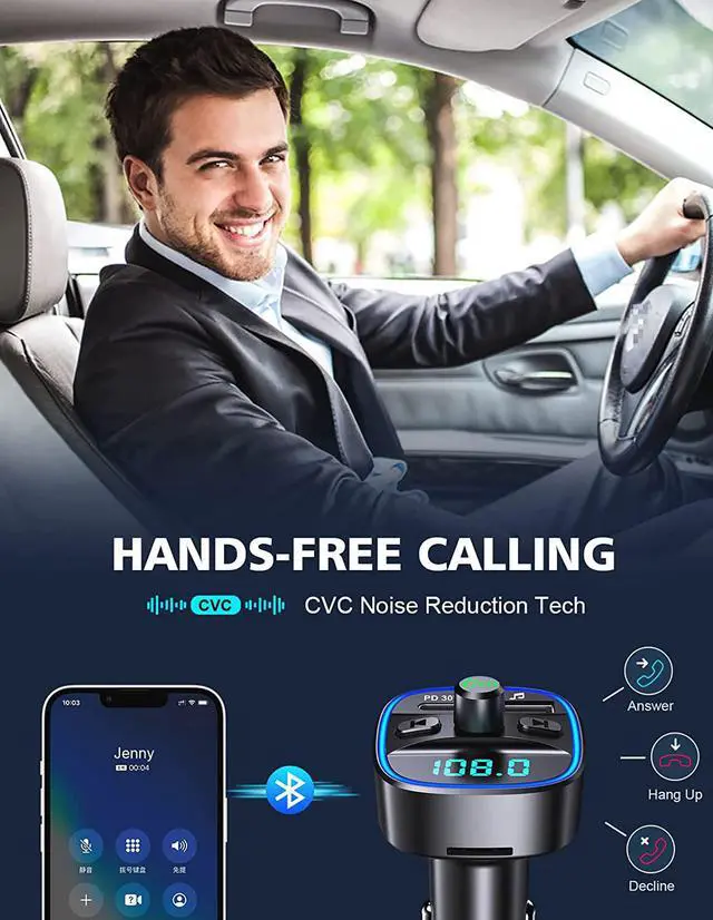 Alt view image 4 of 7 - Bluetooth V5.0 FM Transmitter for Car, Type-C PD 20W Quick Charging Bluetooth Car Adapter with Hands-Free Calling, Wireless FM Radio Receiver Music Player/Car Kit Support SD Card & USB Disk