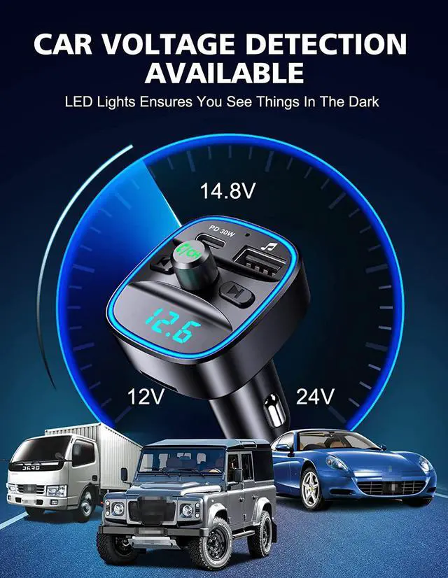 Alt view image 3 of 7 - Bluetooth V5.0 FM Transmitter for Car, Type-C PD 20W Quick Charging Bluetooth Car Adapter with Hands-Free Calling, Wireless FM Radio Receiver Music Player/Car Kit Support SD Card & USB Disk