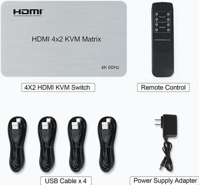Alt view image 6 of 7 - 4 Port USB HDMI KVM Matrix Switch, HDMI 4x2 Dual Monitor KVM Matrix, 4K @60Hz HDR Switch Splitter HDMI 2.0 Audio Video Converter Support PC Keyboard Mouse